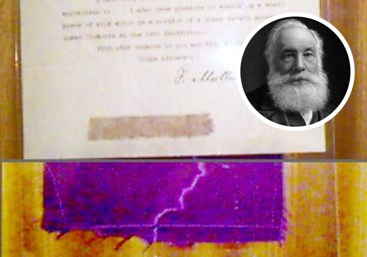 Carta del hijo de Perkin, con una muestra de seda teñida de mauveína. En el círculo, William Henry Perkin